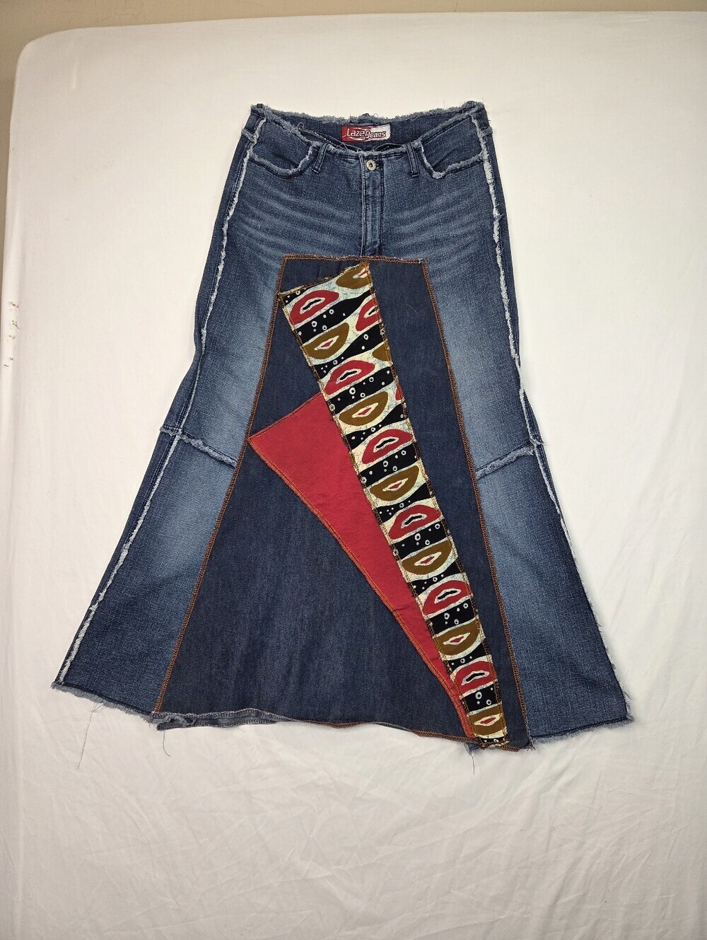 Vintage Lazer Jeans‎ Patchwork Denim Maxi Skirt Boho Y2K Raw Hem Size 13